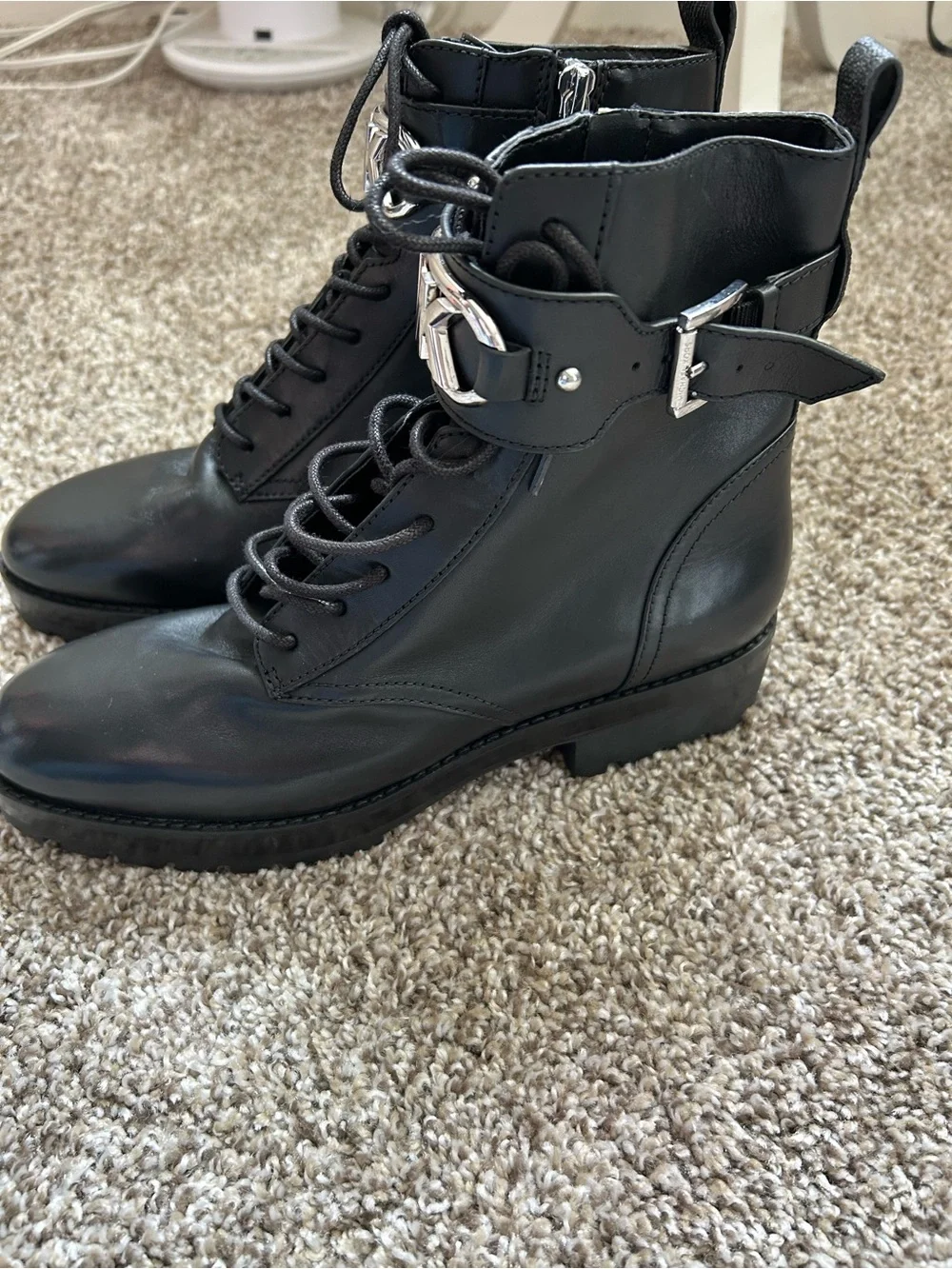 Michael Kors Black Leather Lace-Up Combat Boots with Silver MK Accent
